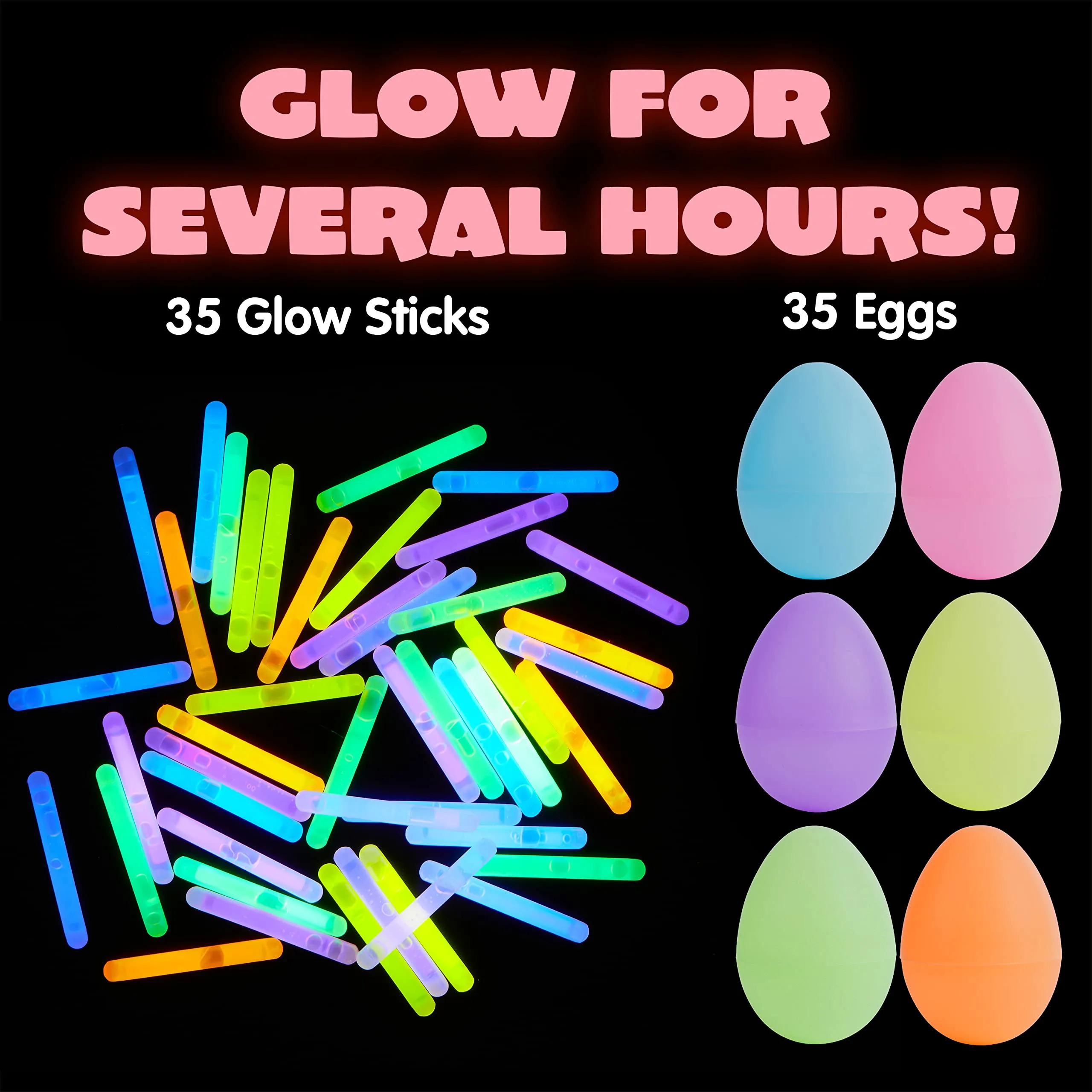 JOYIN 35 Easter Glow Eggs with Mini Glow Sticks (70pcs Total) for Kids Glow-in-the-Dark Easter Basket Stuffers Fillers Gift, Easter Eggs Hunt Game