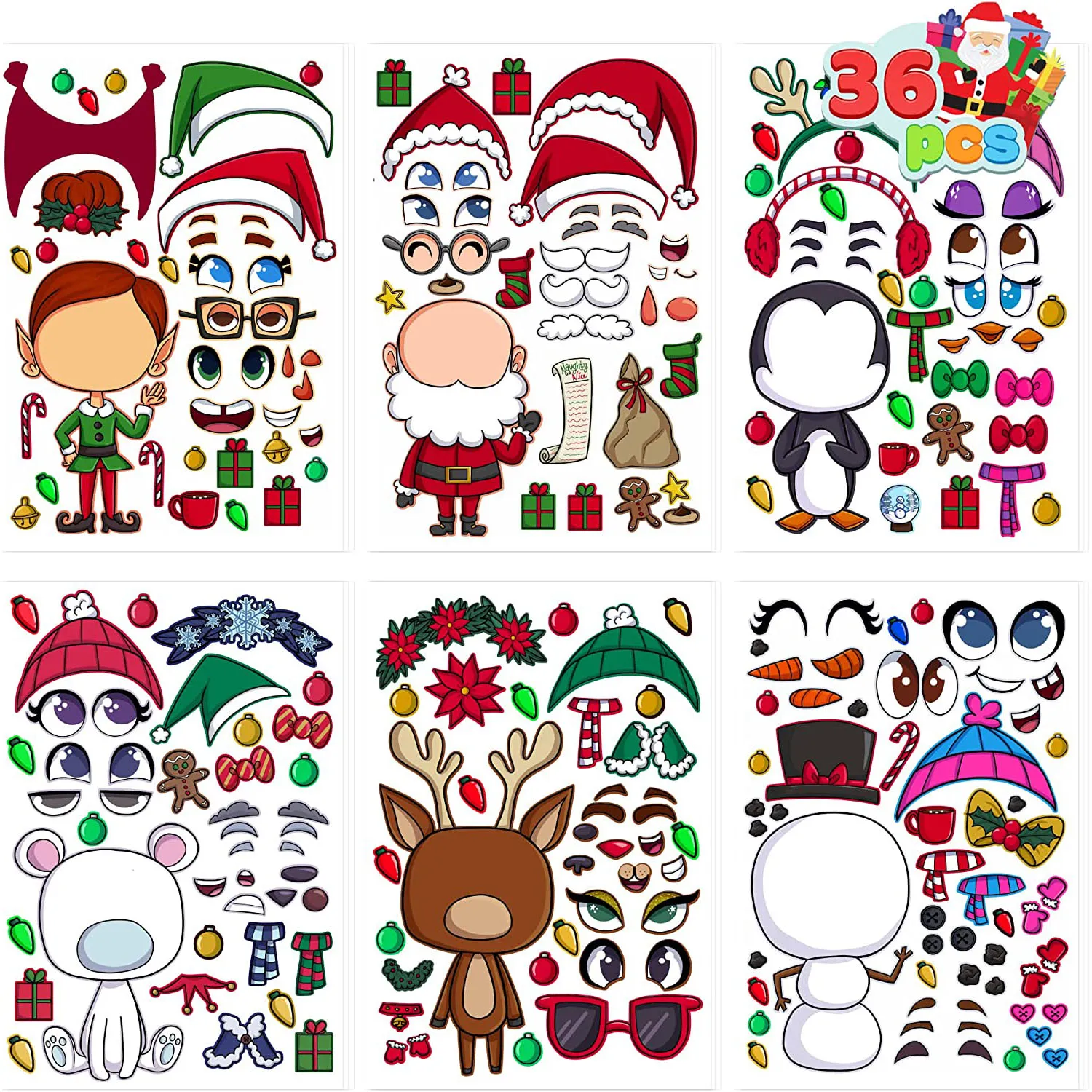 36 Pcs Make-a-Face Sticker Sheets Make Your Own Christmas Characters Mix and Match Sticker Sheets with Full Body Design Reindeer, Snowman, Elf and M