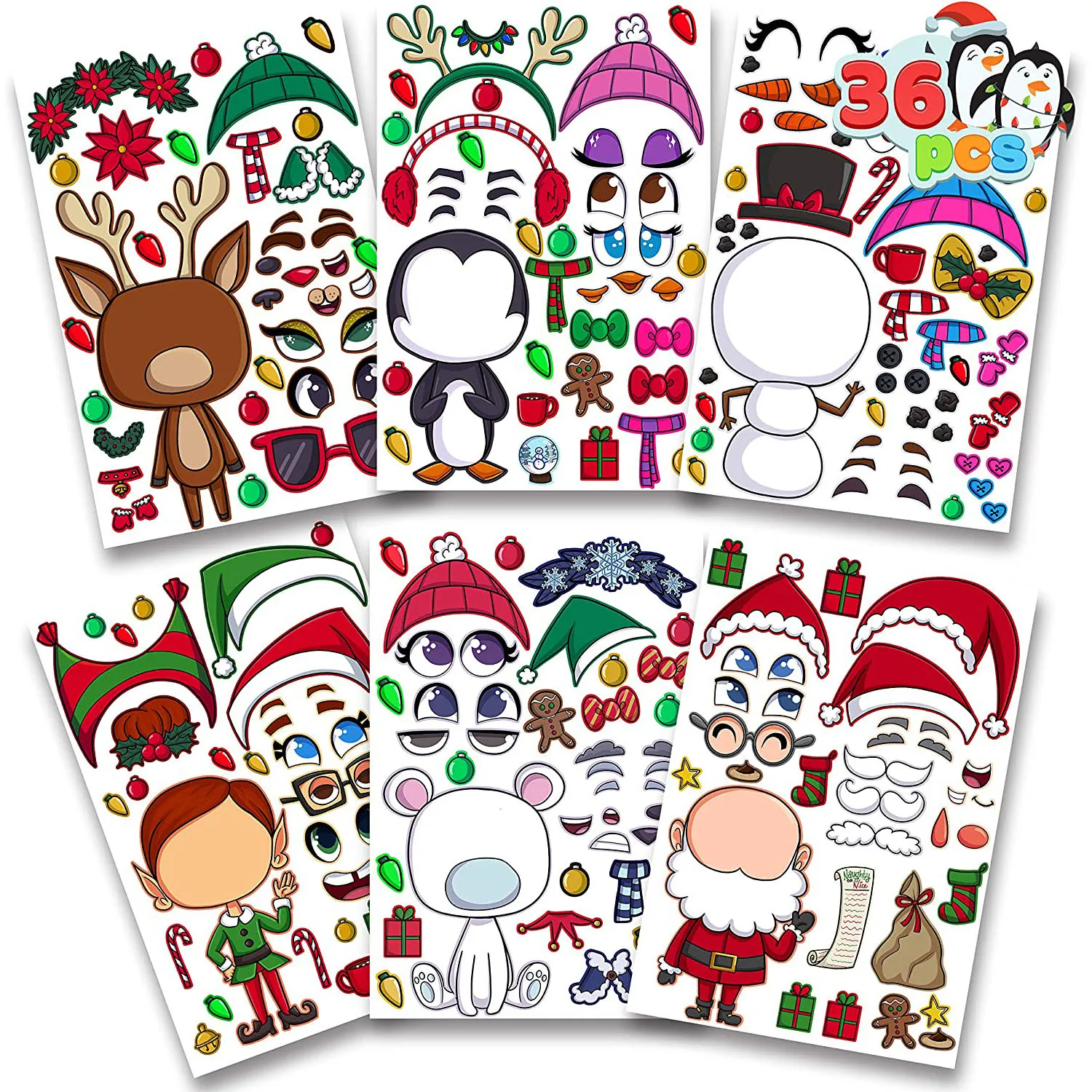36 Pcs Make-a-Face Sticker Sheets Make Your Own Christmas Characters Mix and Match Sticker Sheets with Full Body Design Reindeer, Snowman, Elf and M