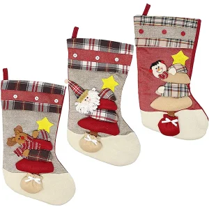 3pcs 3D Burlap and Plaid Christmas Stockings 18in