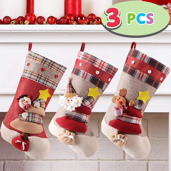 3pcs 3D Burlap and Plaid Christmas Stockings 18in
