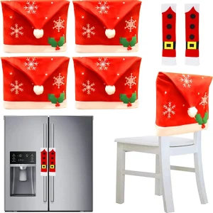4Pcs Christmas Dining Chair Slipcovers with 2Pcs Handle Door Covers