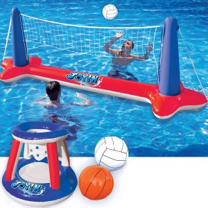 Inflatable Volleyball Net & Basketball Hoops Red & Blue Pool Float Set – SLOOSH