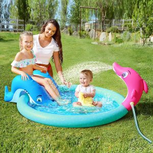 60 Inflatable Kiddie Pool with Dolphin Sprinkler and Kiddie Slide – SLOOSH