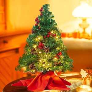 22″ Prelit Tabletop Christmas Tree with Holy Leaves & Pine Cones
