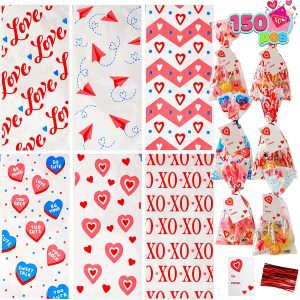 150 Pcs Valentine Long Cellophane Bags with Little Gift Cards