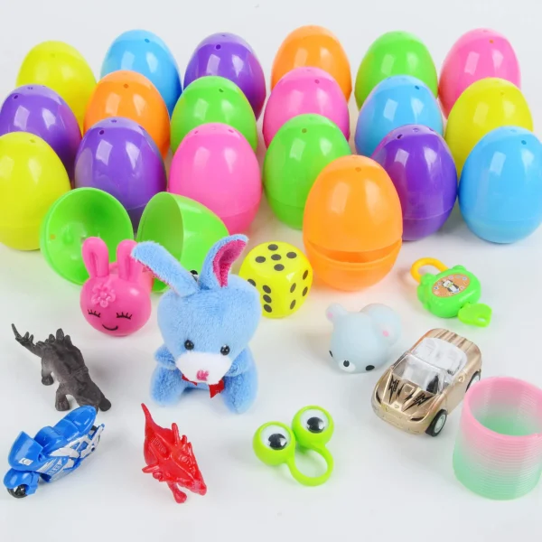 48Pcs 2.5in Bright Colorful and 2Pcs Gold Prefilled Plastic Easter Eggs with 25 Kinds of Popular Toys (4)