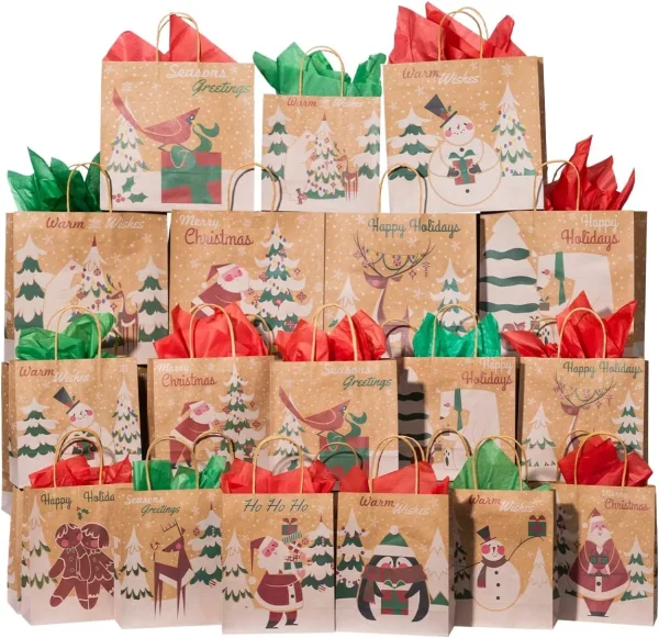 48pcs Assorted Prints Christmas Kraft Gift Bags