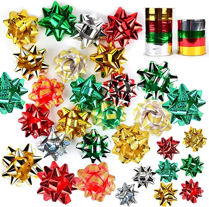 24 Pack Christmas Bows for Gift Wrapping Ribbon Gift Bows Assorted Self  Adhesive Christmas Bows Star Bows for Christmas Presents and Holiday Gifts