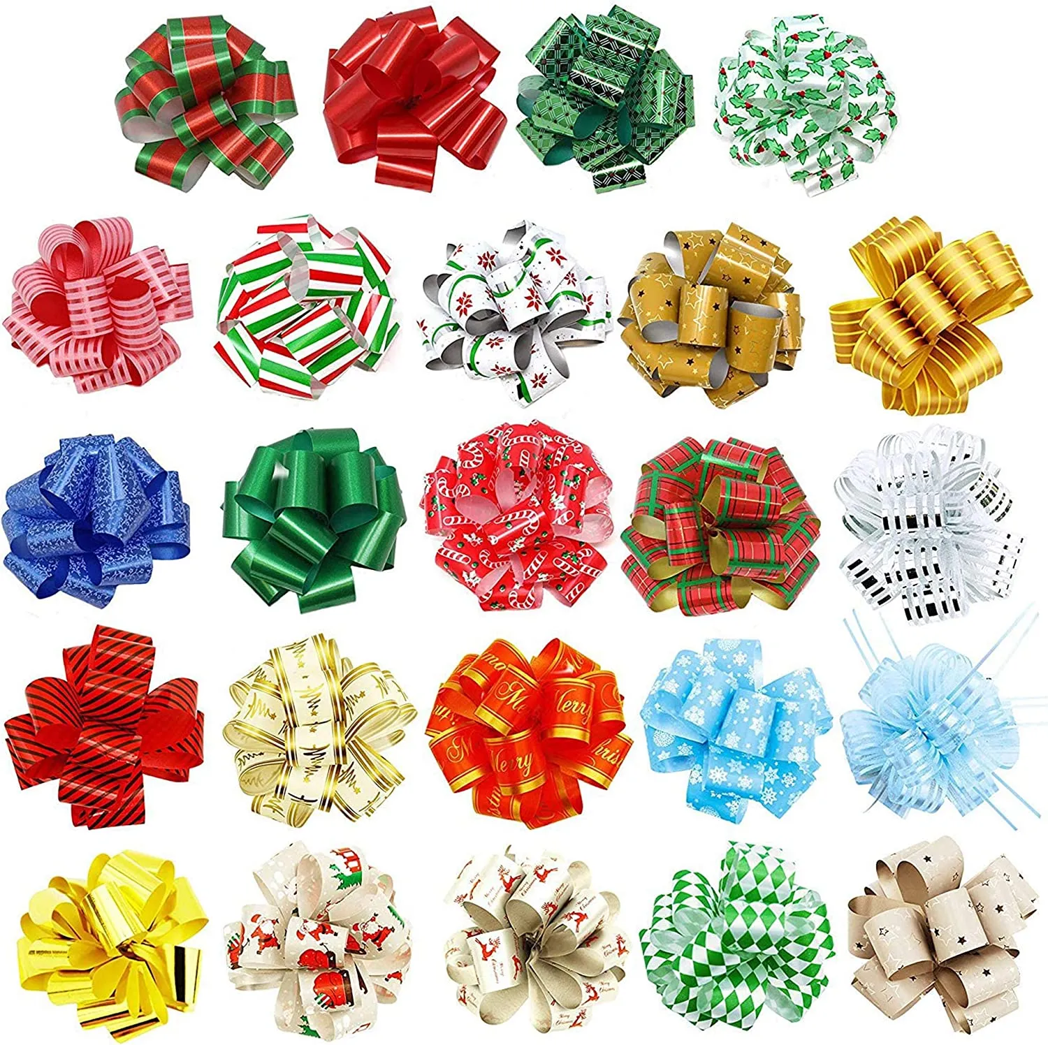 24 Christmas Gift Wrap Ribbon Pull Bows 5 inch ; Easy and Fast Gift Wrapping Accessory for Christmas Bows Baskets Wine Bottles Gifts Decoration, Gift
