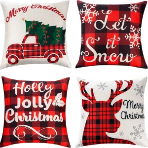 4Pcs Christmas Farmhouse Buffalo Plaid Pillow Covers