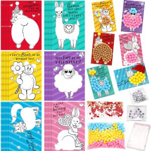 36 Pcs Valentine’s Day Animal Craft Cards with Pompoms