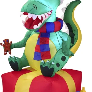 6ft Inflatable LED Christmas Dinosaur Sitting on a Gift
