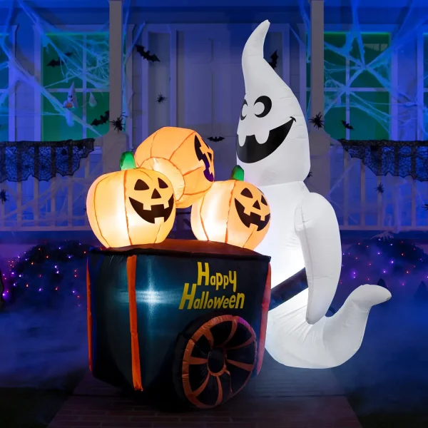 6ft Inflatable LED Ghost Pushing Pumpkin Cart