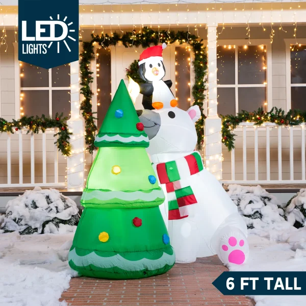 6ft Inflatable LED Polar Bear Christmas Tree with Penguin