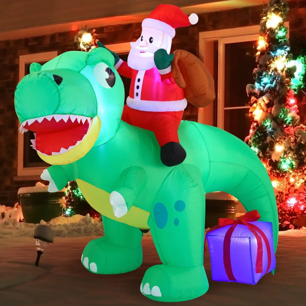 Santa claus riding inflatable dinosaur