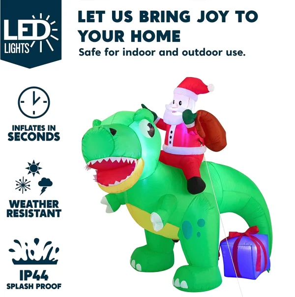 6ft Long LED Santa  Inflatable Ride On Dinosaur