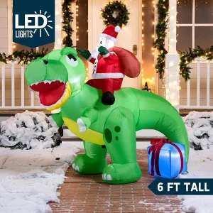 6ft Long LED Santa Claus Inflatable Ride On Dinosaur