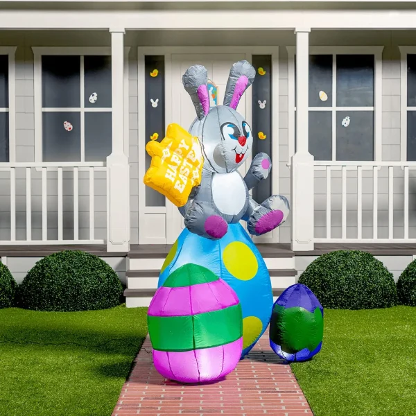 6ft Tall Easter Bunny & Eggs with Build-in LEDs Blow Up Inflatables