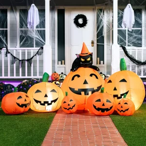 7ft Inflatable Pumpkins with Witch's Cat Decoration