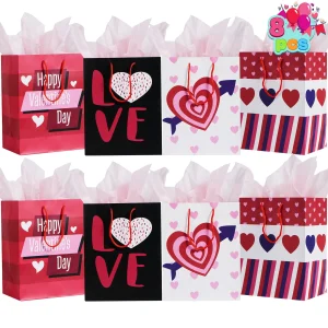8Pcs Paper Gift Bags with Filing Paper for Valentines Day in 4 Designs for Kids