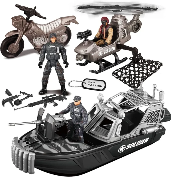 9pcs Combat Boat and Military Vehicle Toy Set