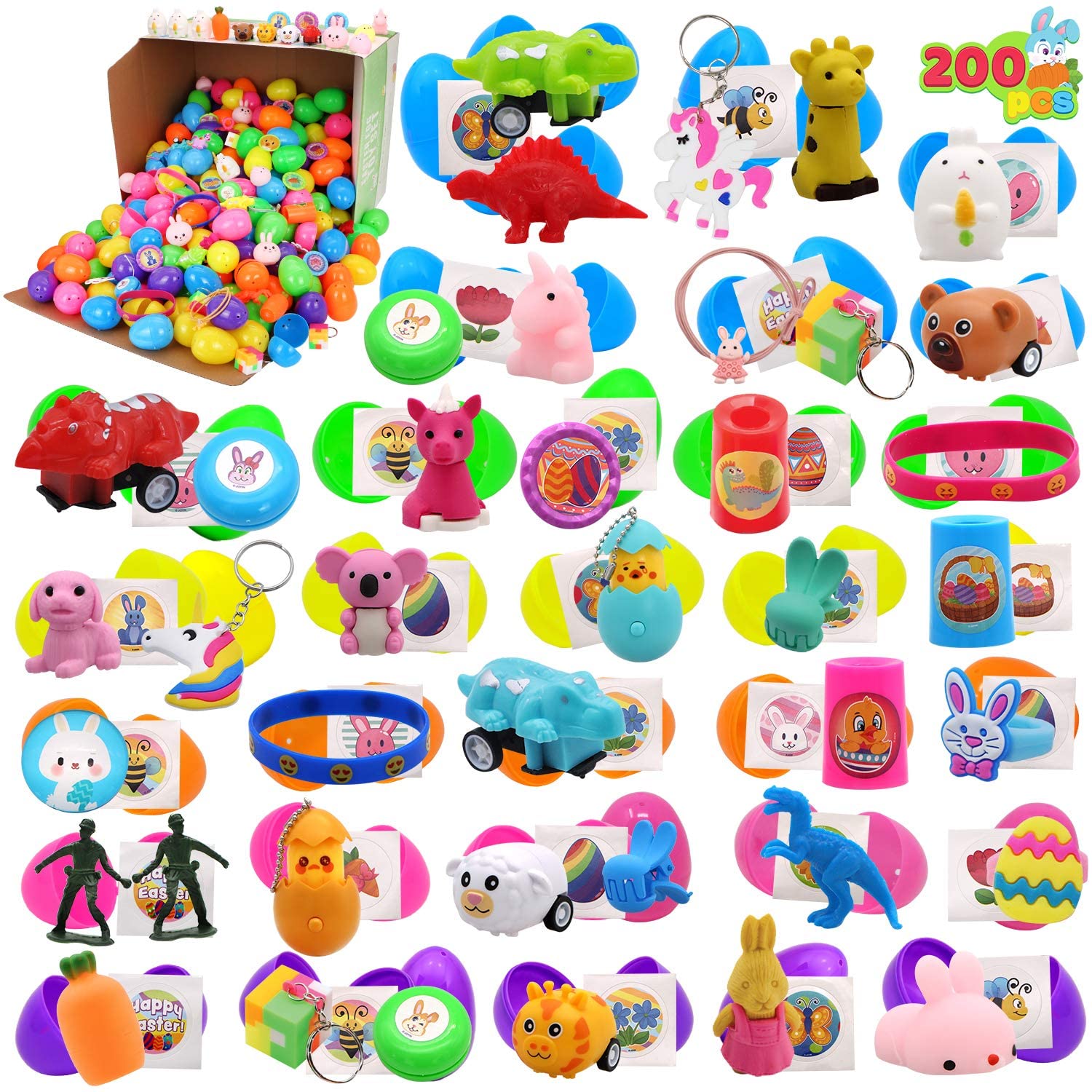 200 Pcs Prefilled Colorful Easter Eggs w/ Novelty Toys and Stickers