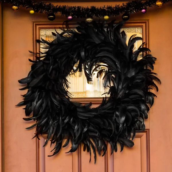 Black Feather Halloween Wreath 13.75in