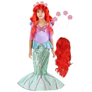 Girls Mermaid Costume with Red Wig and Headband