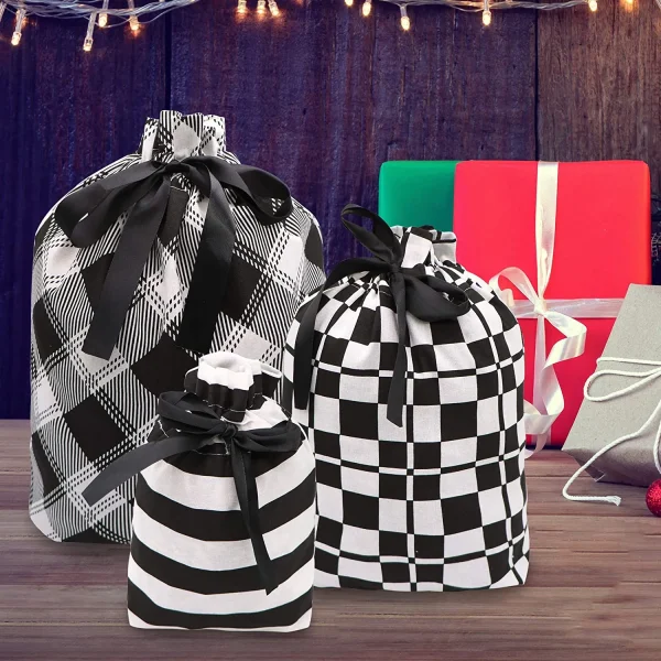 6pcs Drawstring Black Christmas Fabric Gift Bags