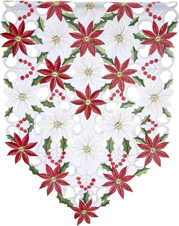 Embroidered Poinsettia Holly Leaf Table Flower Runner