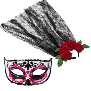 Day of the Dead 4 – Headband with Rose and Veil, Masquerade Eye Mask
