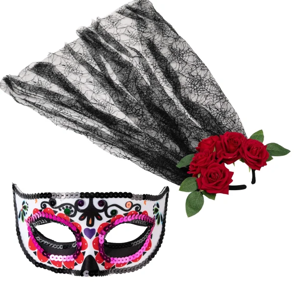 Day of the Dead 4 - Headband with Rose and Veil, Masquerade Eye Mask