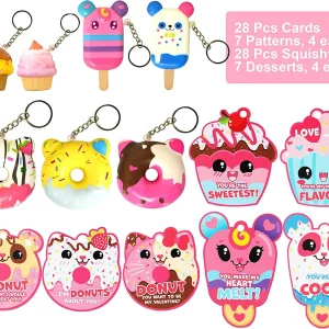 28Pcs Scented Dessert Squishy Toys Keychains with Valentines Day Cards for Kids-Classroom Exchange Gifts