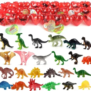 28Pcs Dinosaur Toys Figures Filled Hearts with Valentines Day Cards