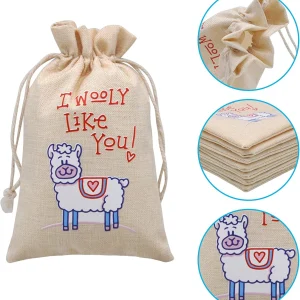 28Pcs Valentines Drawstrings Canvas Bags with 3 Pens