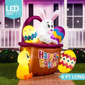 6ft Easter Inflatable Bunny with Basket & Eggs & Chicken with Build-in LEDs