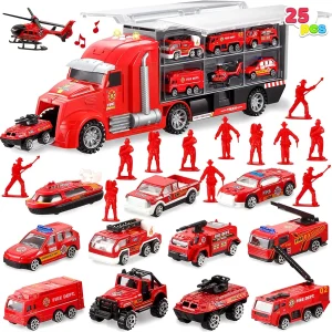 25Pcs Fire Rescue Carrier Truck with 12 Diecast Vehicles & 12 Figures,