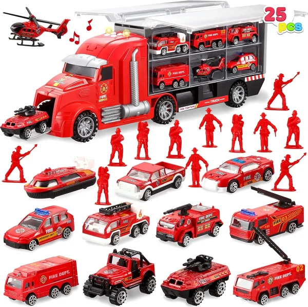 25pcs Fire Truck Toy with 12 Diecast Vehicles & 12 Figures
