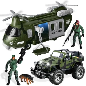 Friction Powered Transport Helicopter and Military Truck Toy Set – Christmas Toys