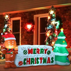 10ft Giant Merry Christmas Sign with Tree & Gingerbread Man Inflatable