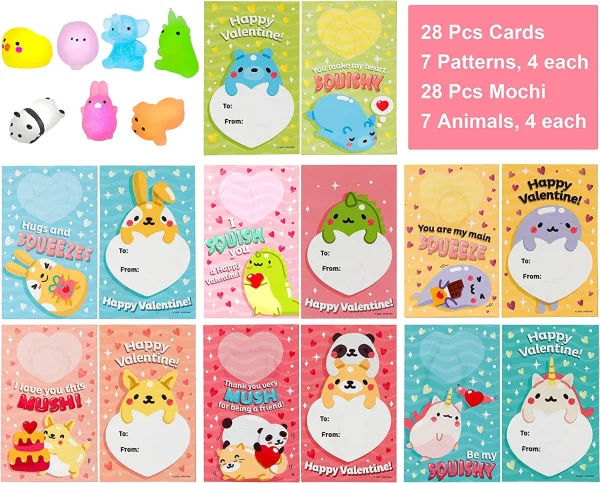28Pcs Glitter Mochi Squishy Toys with Kids Valentines Cards for Classroom Exchange