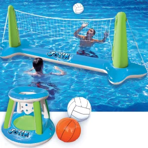 Green Inflatable Volleyball Net and Basketball Hoop