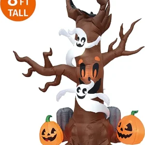 8ft Inflatable Scary Tree with Ghost and Pumpkin Decoration.