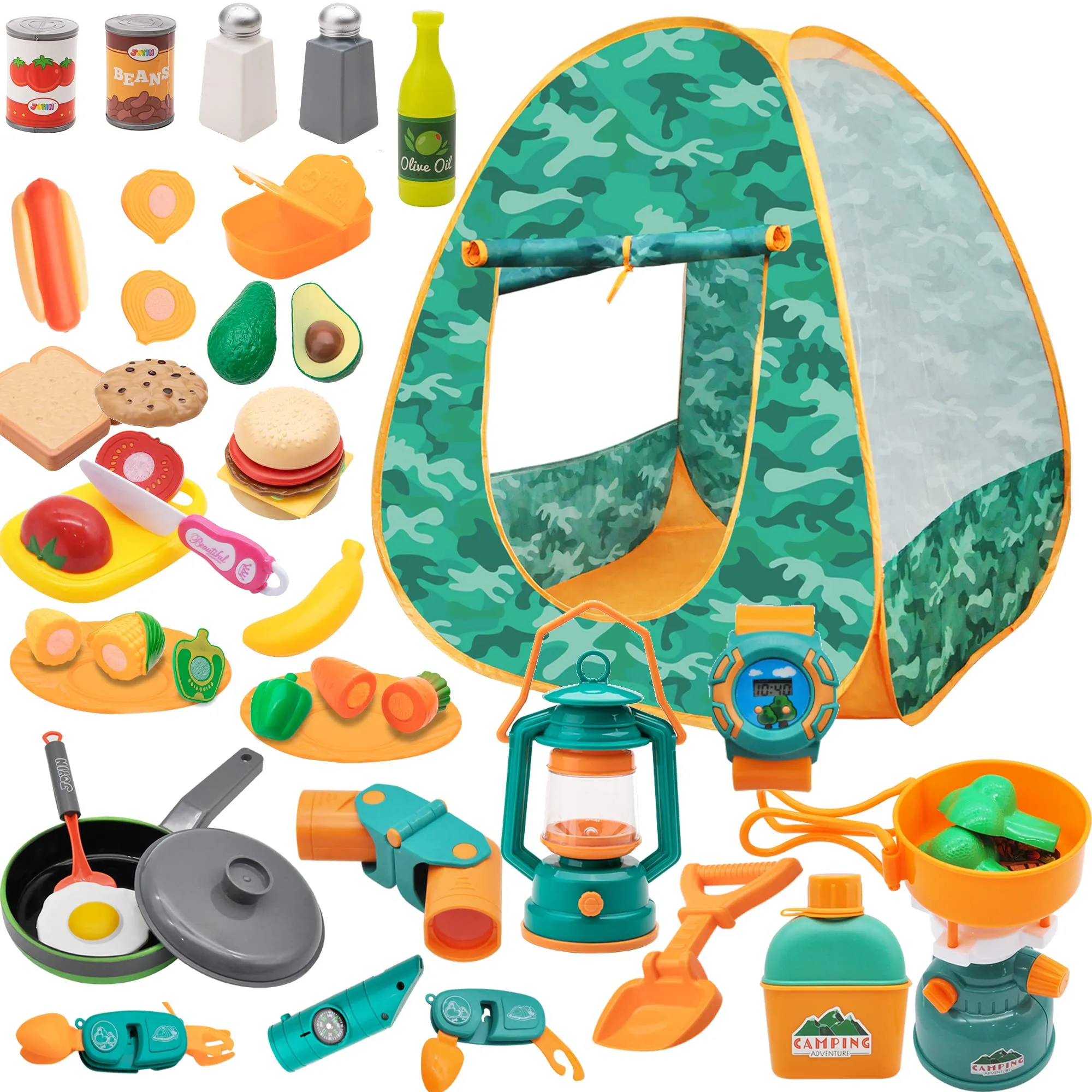 JOYIN 41Pcs Kids Camping Tent Set with Kids Camping Gear, Camping Set  Includes Kids Tent, Oil Lantern, Food Toys, Binoculars, Flashlights,  Compass and More, Pretend Play Camp Gear Tools for Christmas