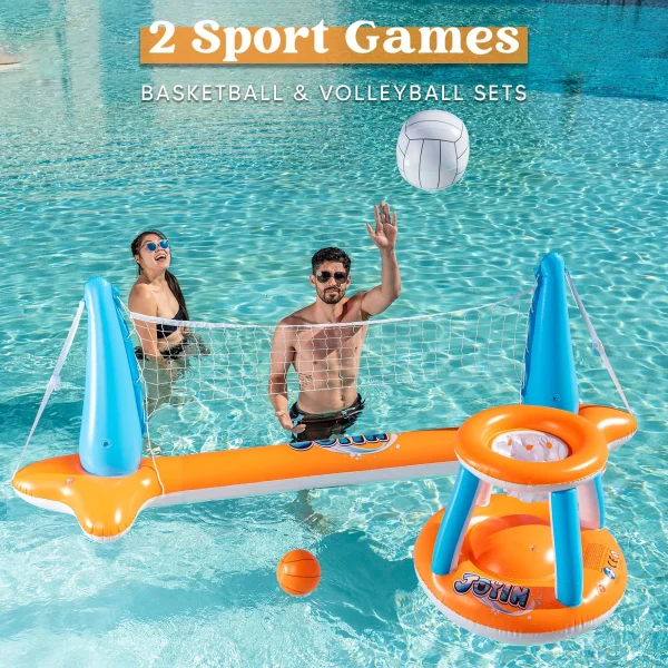 Orange Inflatable Pool Volleyball Net and Basketball Hoop