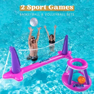 Pink Inflatable Volleyball Net & Basketball Hoops Set
