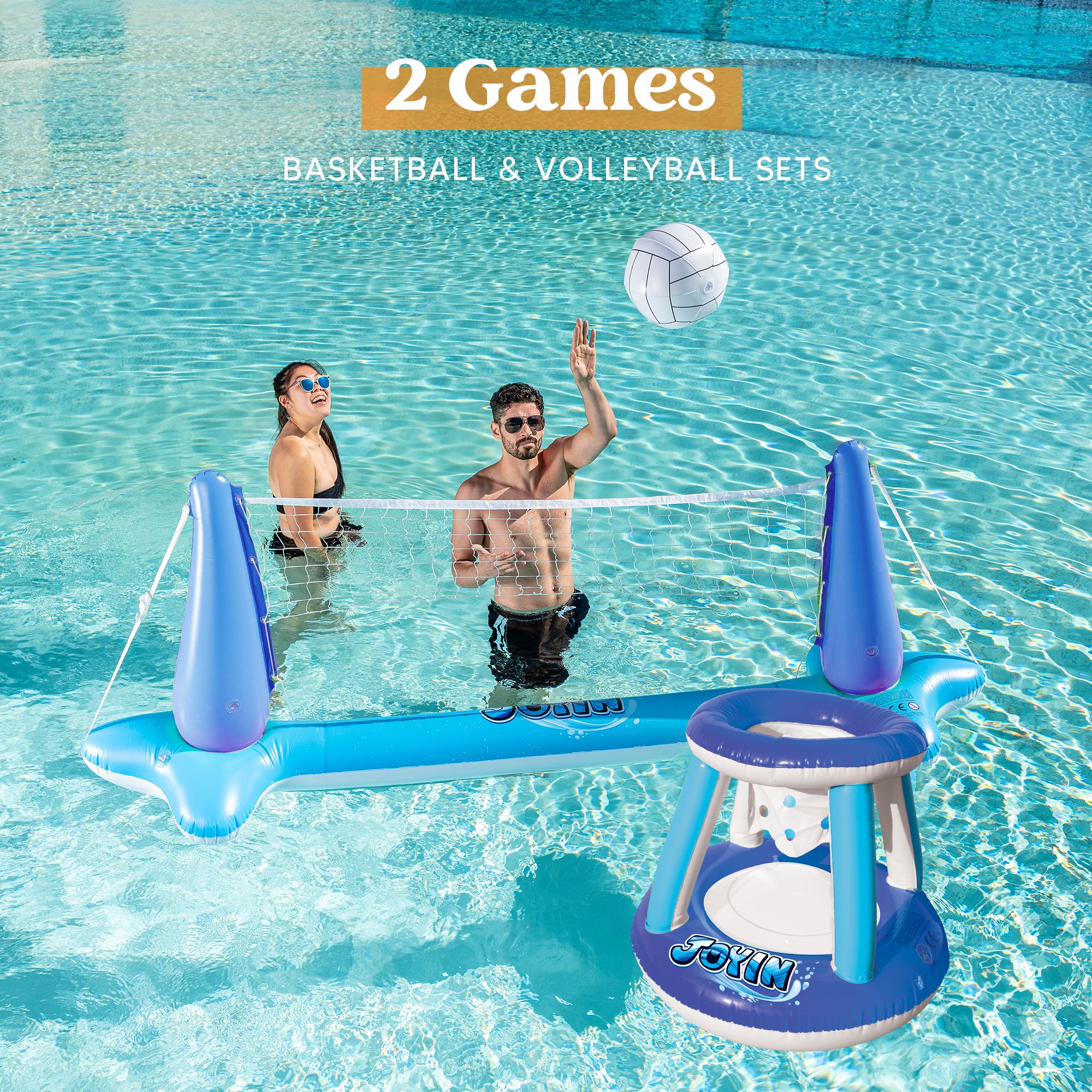 Inflatable Volleyball Net & Basketball Hoops Pool Float Set, Blue – SLOOSH