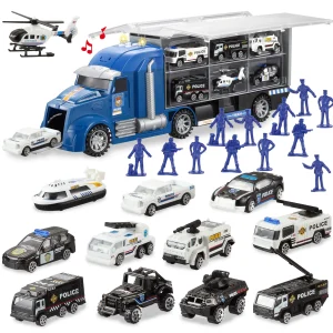 25Pcs Police Carrier Truck with 12 Diecast Vehicles & 12 Figures