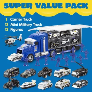 25Pcs Police Carrier Truck with 12 Diecast Vehicles & 12 Figures